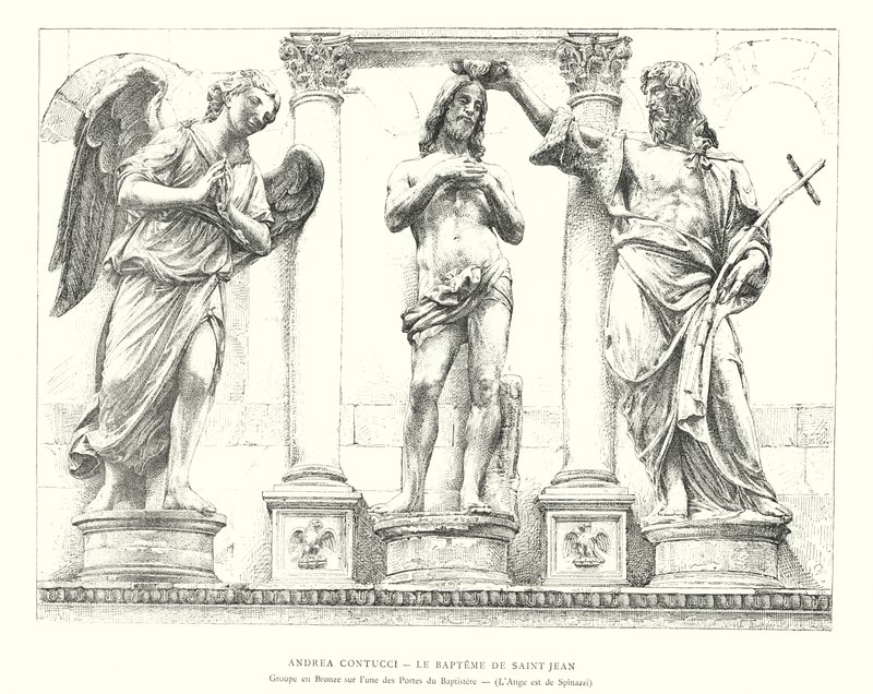 Andrea Contucci, Die Taufe des Heiligen Johannes, Bronzegruppe an einer der Türen des Baptisteriums, der Engel ist von Spinazzi (Stich) von Italian School
