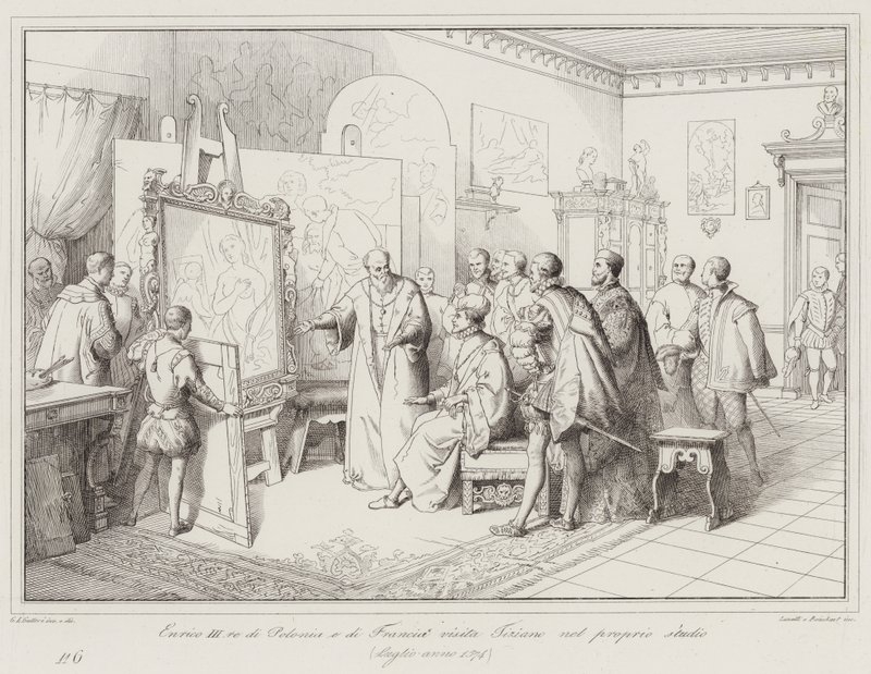 Heinrich III., König von Polen und Frankreich, besucht Tizian in seinem Atelier von Italian School