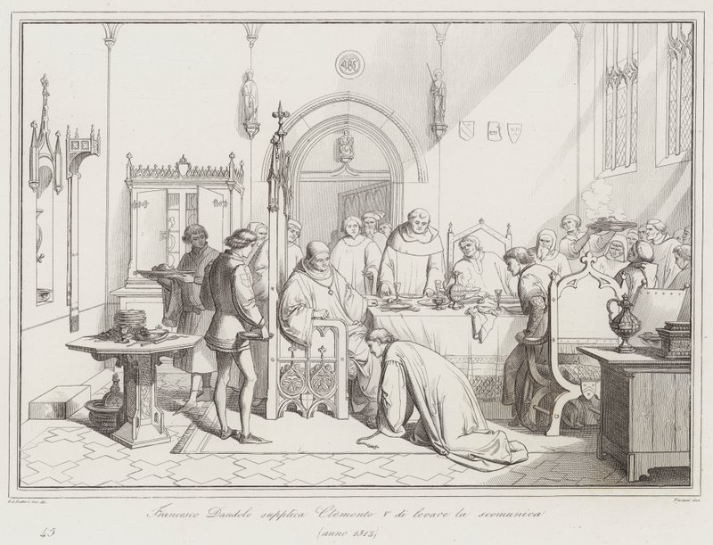 Francesco Dandolo bittet Clemens V., den Bann aufzuheben von Italian School