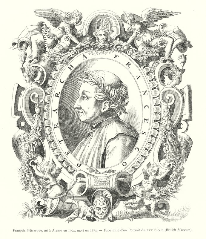 Francesco Petrarca, geboren in Arezzo 1304, gestorben 1374, Faksimile eines Porträts aus dem 16. Jahrhundert, British Museum (Gravur) von Italian School