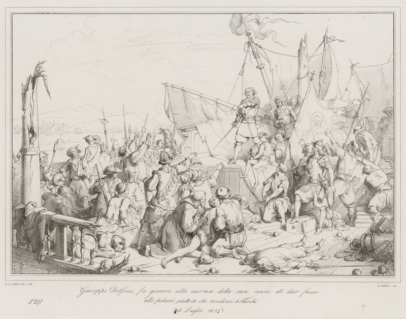 Giuseppe Dolfino lässt die Mannschaft seines Schiffes schwören, das Pulver lieber in die Luft zu jagen, als sich zu ergeben von Italian School
