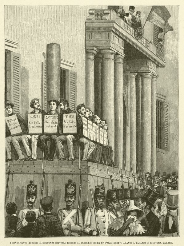 Die Verurteilten hörten das Todesurteil, ausgestellt vor dem Publikum auf einer Bühne vor dem Justizpalast (Gravur) von Italian School