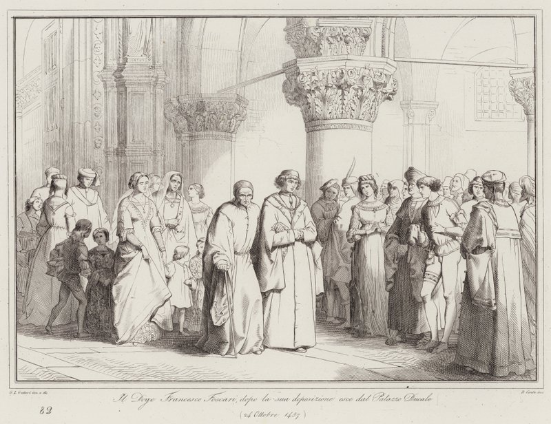 Der Doge Francesco Foscari verlässt nach seiner Absetzung den Dogenpalast von Italian School