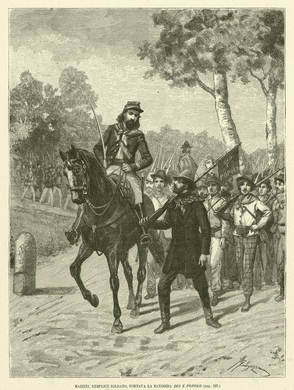 Mazzini, einfacher Soldat, trug die Fahne Gott und Volk (Gravur) von Italian School