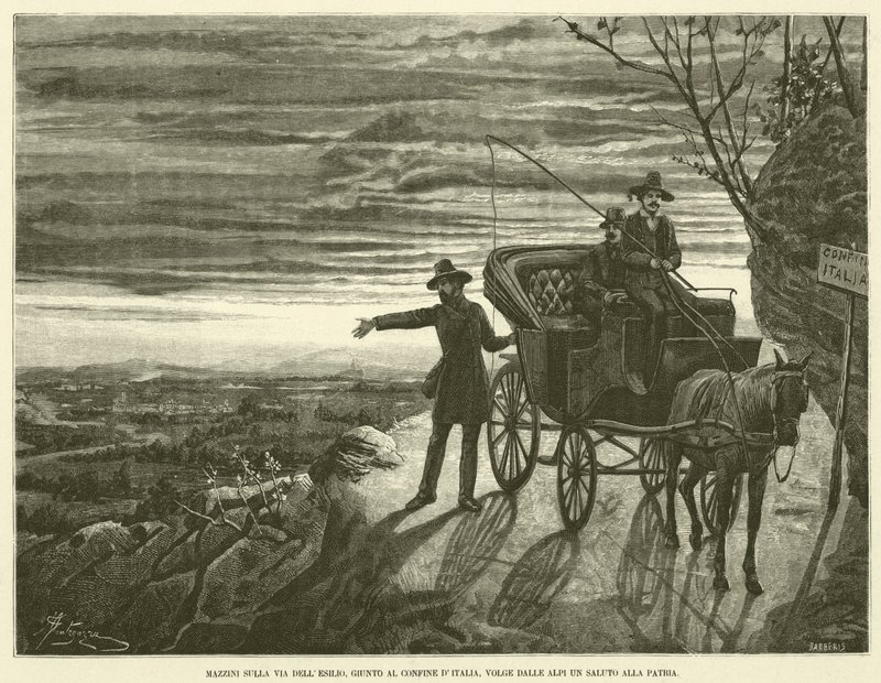 Mazzini auf dem Weg ins Exil, am Grenzübergang Italiens, grüßt er von den Alpen aus die Heimat (Gravur) von Italian School