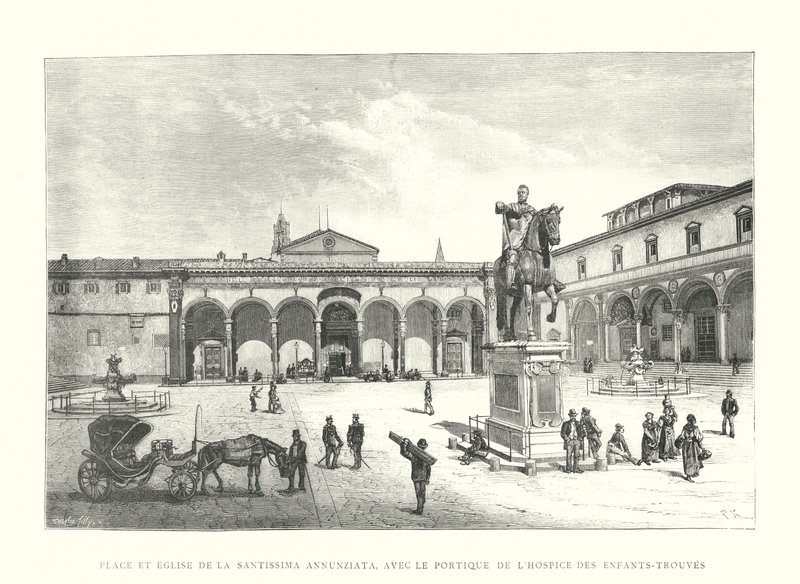 Platz und Kirche der Santissima Annunziata, mit dem Portikus des Findelhauses (Gravur) von Italian School