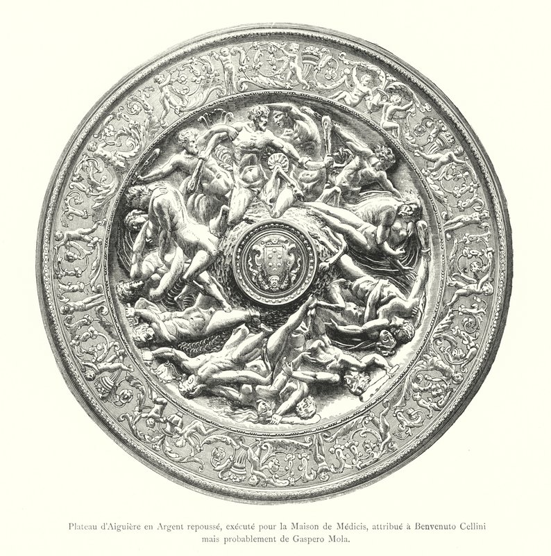 Silbernes Wasserkrugtablett, gefertigt für das Haus Medici, zugeschrieben Benvenuto Cellini, aber wahrscheinlich von Gaspero Mola (Gravur) von Italian School