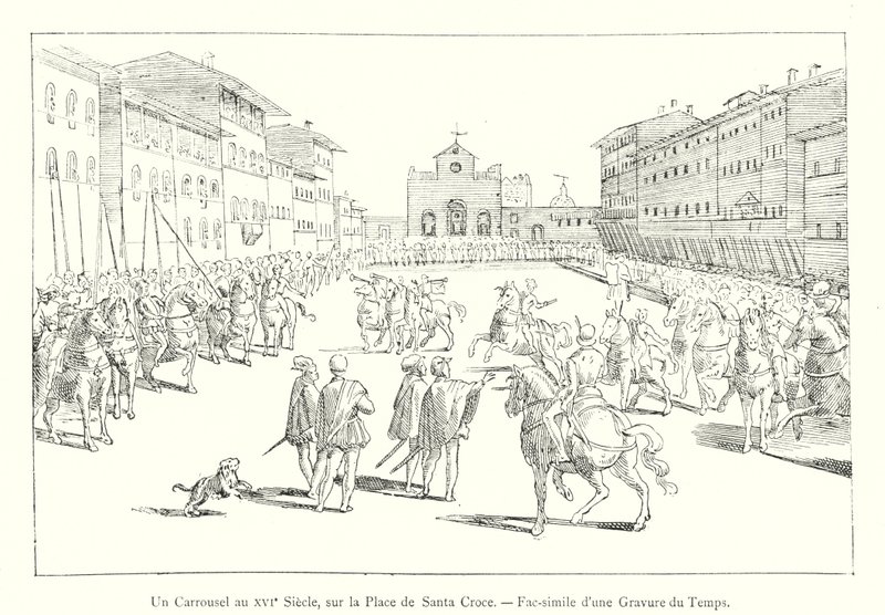 Ein Karussell im 16. Jahrhundert auf der Piazza Santa Croce, Faksimile eines zeitgenössischen Stichs von Italian School