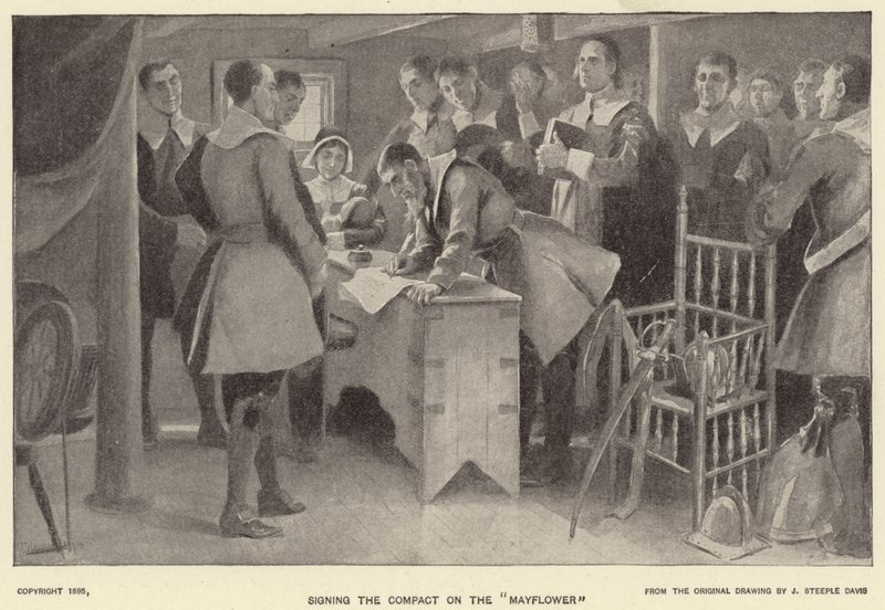 Unterzeichnung des Vertrags auf der "Mayflower" von J. (after) Steeple Davis