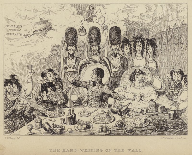 Die Schrift an der Wand: Parodie auf Belsazars Fest, Napoleon und seine Frau Josephine darstellend von James (after) Gillray