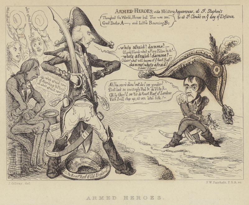 Bewaffnete Helden: Der britische Premierminister Henry Addington konfrontiert Napoleon und die Bedrohung einer französischen Invasion, 1803 von James Gillray