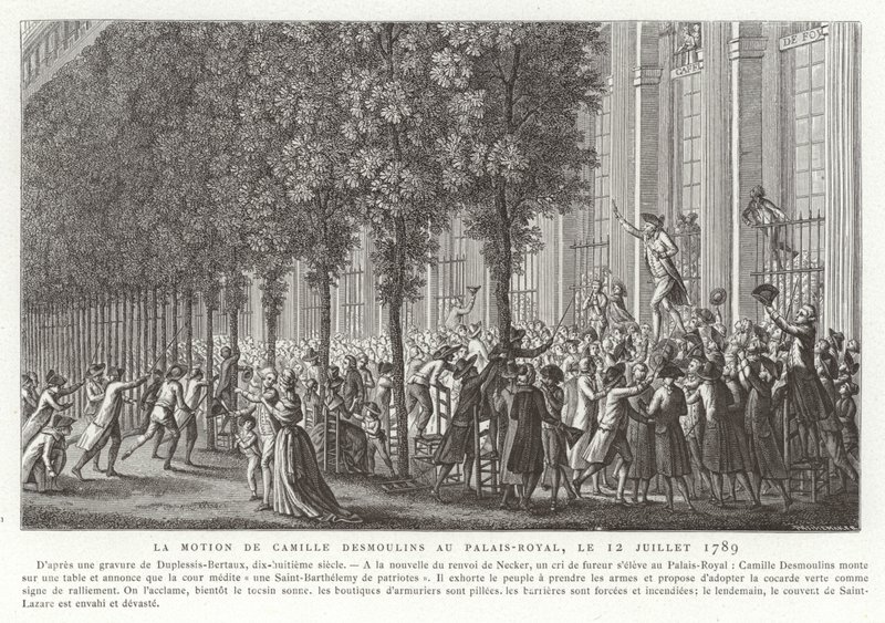 Camille Desmoulins ruft vor dem Palais Royal in Paris zum Aufstand auf, Französische Revolution, 12. Juli 1789 von Jean Duplessis Bertaux