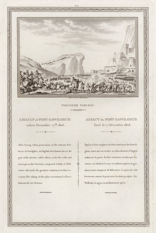 Eroberung des Forts von Gawilghur durch die Briten unter dem Kommando von Arthur Wellesley, Zweiter Anglo-Maratha-Krieg, Indien von Jean (after) Duplessi Bertaux