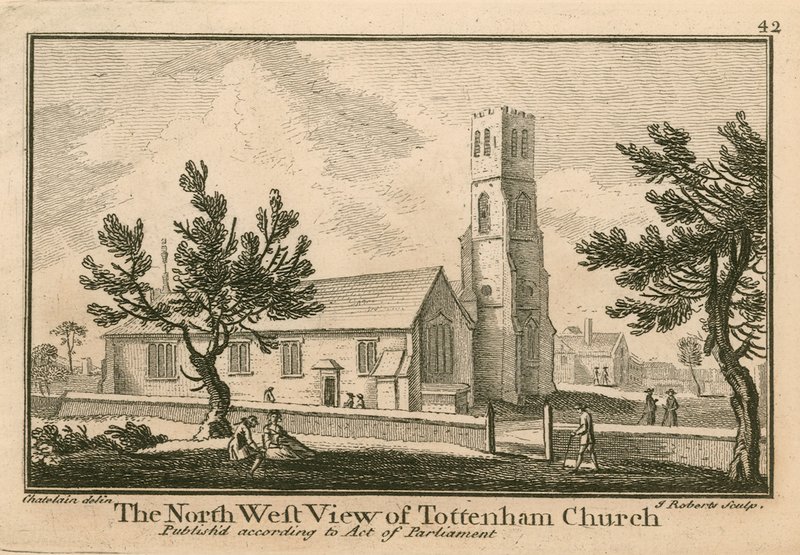 Die nordwestliche Ansicht der Tottenham Kirche, London von Jean Baptiste Claude Chatelain