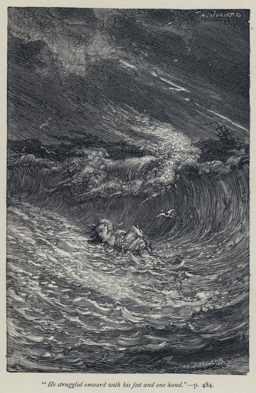 "Er kämpfte sich mit seinen Füßen und einer Hand vorwärts" (Gravur) von Jean Edouard Dargent