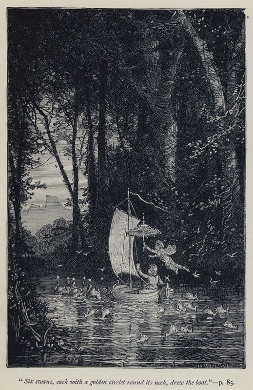 "Sechs Schwäne, jeder mit einem goldenen Reif um den Hals, zogen das Boot" (Gravur) von Jean Edouard Dargent