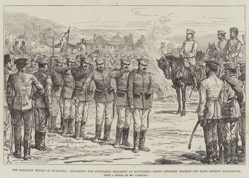 Der Militäraufstand in Bulgarien, Entwaffnung des Stroumski-Regiments in Kustendil, Unteroffiziere reißen sich gegenseitig die Epauletten ab von Johann Nepomuk Schonberg