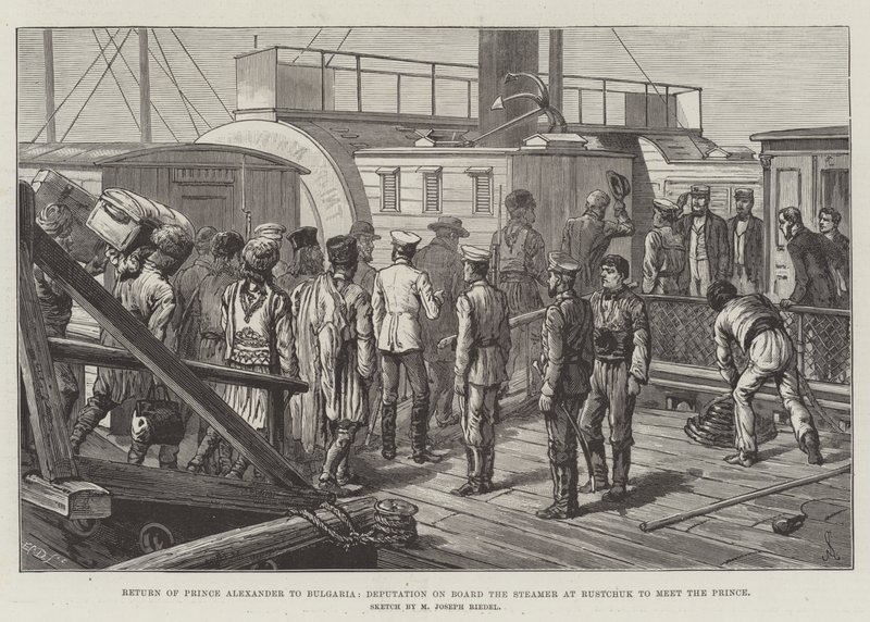 Rückkehr von Prinz Alexander nach Bulgarien, Deputation an Bord des Dampfers in Rustchuk, um den Prinzen zu treffen von Johann Nepomuk Schonberg