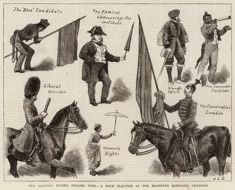 Unser Militär während der Wahlzeit, eine Scheinwahl in den Brompton Barracks, Chatham von John Charles Dollman