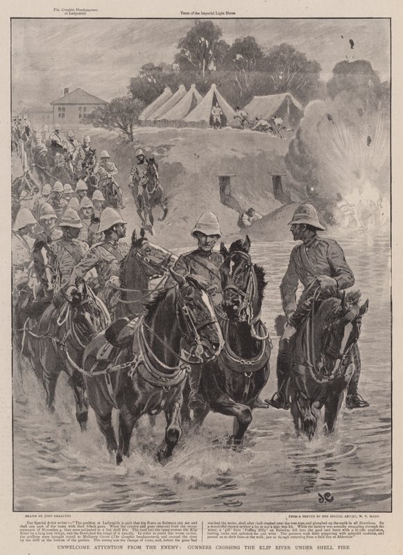 Unwillkommene Aufmerksamkeit des Feindes, Kanoniere überqueren den Klip River unter Beschuss von John Charlton