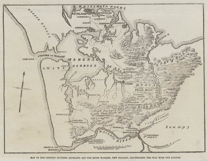 Karte des Landes zwischen Auckland und dem Fluss Waikato, Neuseeland, zur Veranschaulichung des Krieges mit den Eingeborenen von John Dower