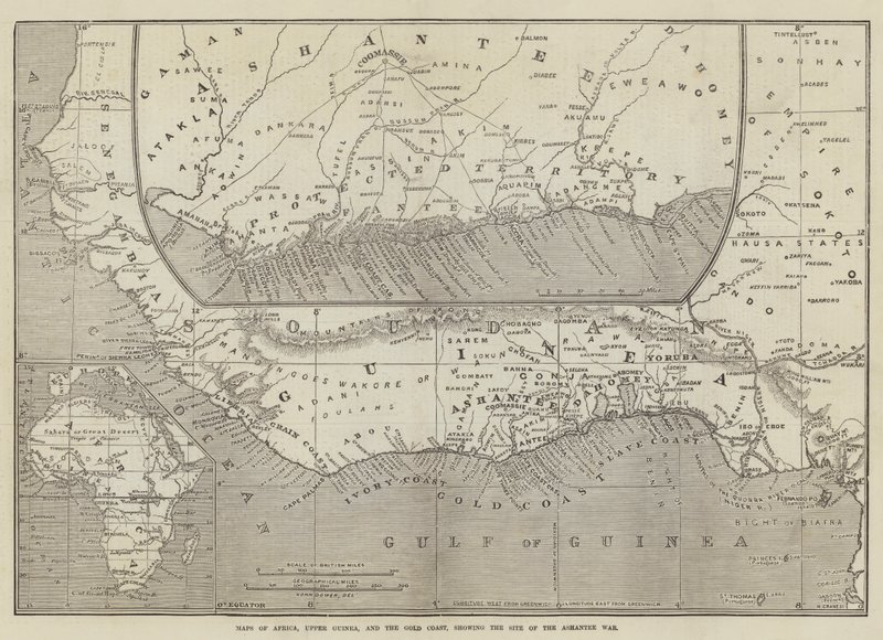 Karten von Afrika, Oberguinea und der Goldküste, die den Ort des Ashantee-Krieges zeigen von John Dower