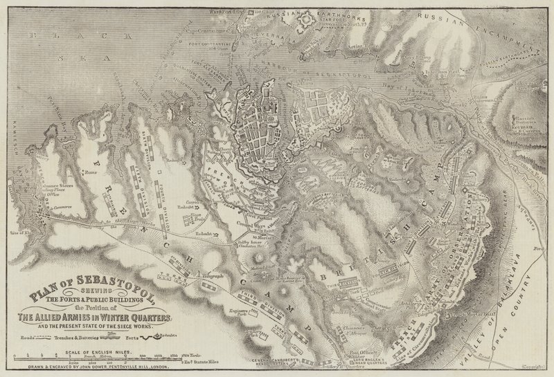 Plan von Sebastopol, zeigt die Festungen und öffentlichen Gebäude sowie die Position der alliierten Armeen in Winterquartieren von John Dower