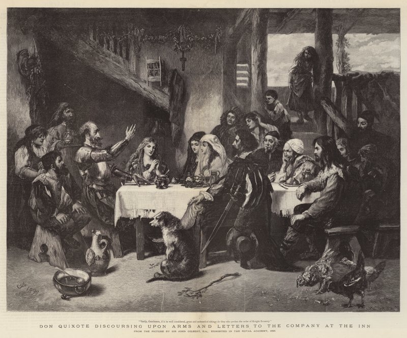 Don Quixote diskutiert über Waffen und Briefe mit der Gesellschaft im Gasthaus von John Gilbert