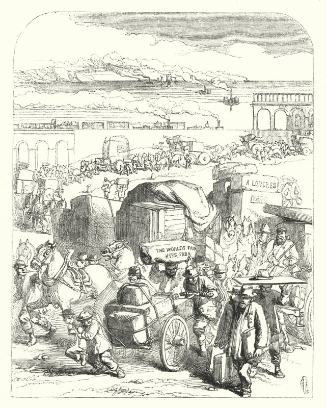 Schiffe und Züge bringen Besucher zur Großen Ausstellung von 1851, Kristallpalast, Hyde Park, London (Gravur) von John (after) Gilbert