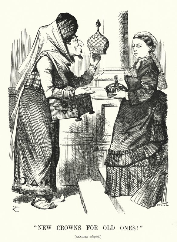 Punch-Karikatur: Neue Kronen für alte. Benjamin Disraeli (als Aladdin) mit Königin Victoria - das Royal Titles Act 1876, das die Königin als Kaiserin von Indien anerkennt von John (after) Tenniel