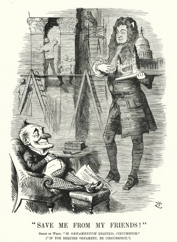 Karikatur: Rette mich vor meinen Freunden - der Geist von Sir Christopher Wren und die Dekoration der St. Paul