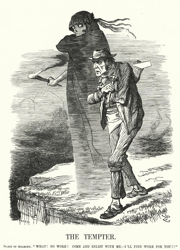 Karikatur: Der Versucher - Versuchung des Anarchismus für die Arbeitslosen (Gravur) von John (after) Tenniel