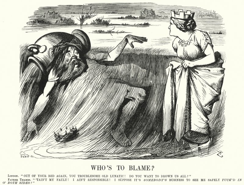 Karikatur: Wer ist schuld? - Aufrufe zum Handeln, um Überschwemmungen der Themse in London zu verhindern (Gravur) von John (after) Tenniel