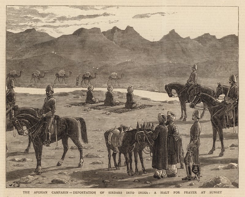 Der afghanische Feldzug, Deportation von Sirdars nach Indien, ein Halt zum Gebet bei Sonnenuntergang von John Charles Dollman