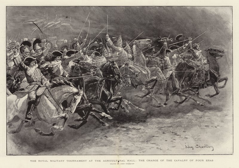 Das königliche Militärturnier in der Landwirtschaftshalle, der Angriff der Kavallerie aus vier Epochen von John Charlton
