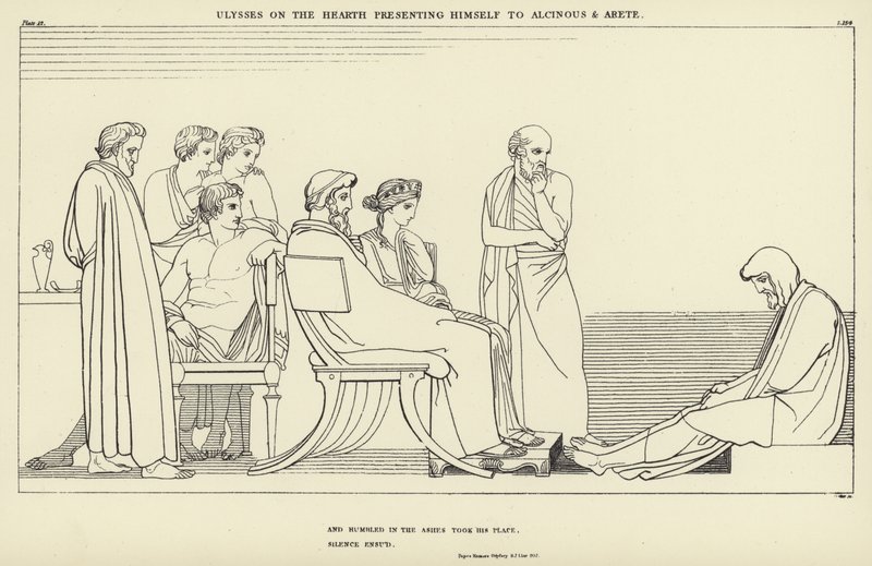 Odysseus am Herd stellt sich Alkinoos und Arete vor von John Flaxman