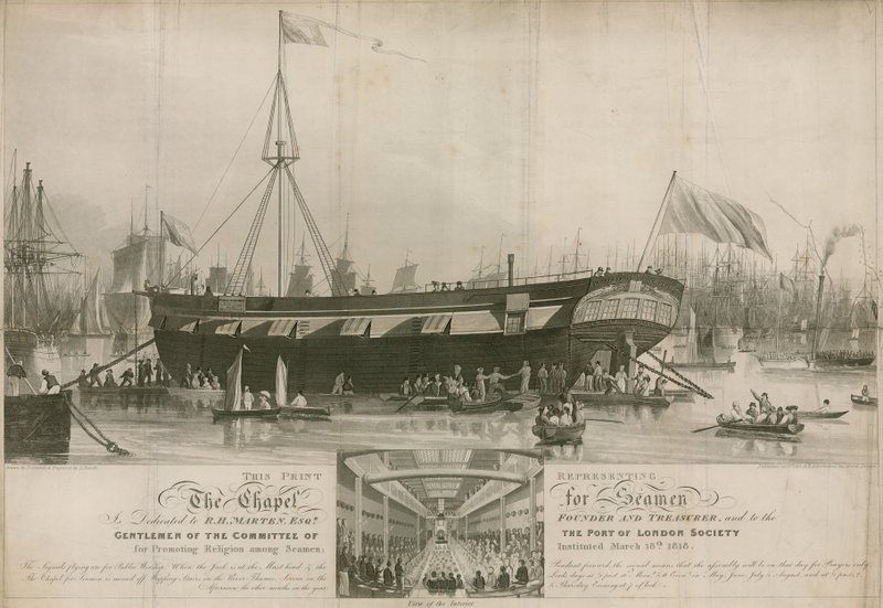 Die Kapelle für Seeleute, gegründet am 18. März 1818 und vor Wapping verankert von John Gendall