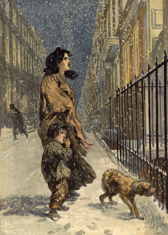 Die obdachlosen Armen, Mutter und Kind mit Hund im Schnee von John Gilbert