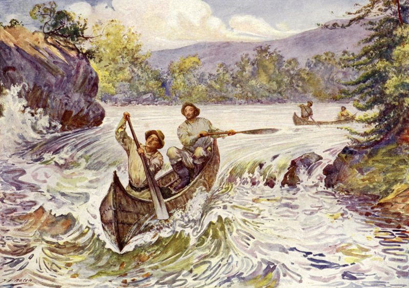 Kanadier schießen Stromschnellen in Kanus von John Henry Frederick (after) Bacon