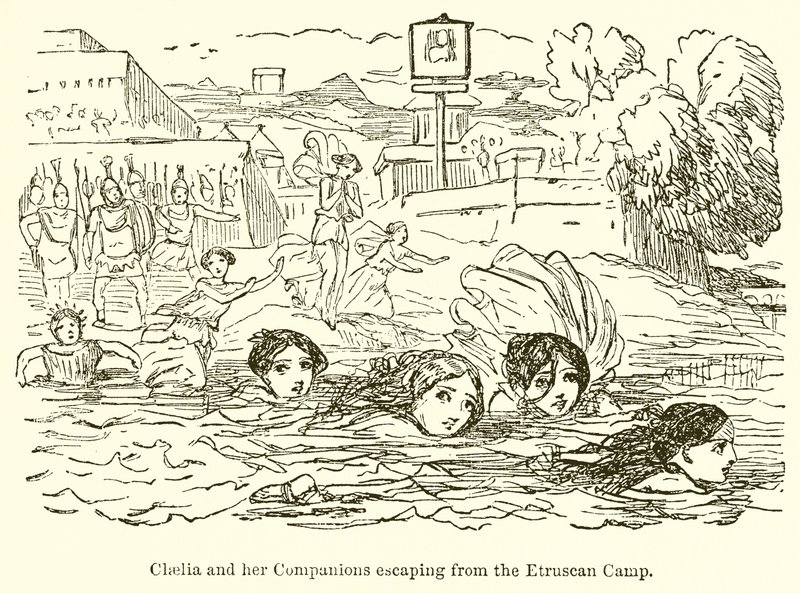 Cloelia und ihre Gefährtinnen fliehen aus dem etruskischen Lager von John Leech
