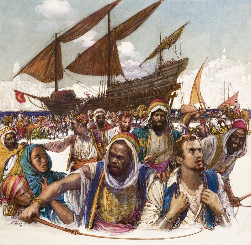 Gefangene von Arabern in Ketten vom Dock geführt, mit Dhow im Hintergrund von John Millar Watt