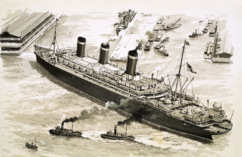 Der Dampfer Leviathan wird von Schleppern zu einem Pier im Hafen von New York gelotst von John S. Smith