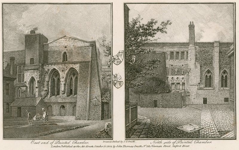 Ostseite (links) und Nordseite (rechts) der Painted Chamber, Westminster Palace von John Thomas Smith