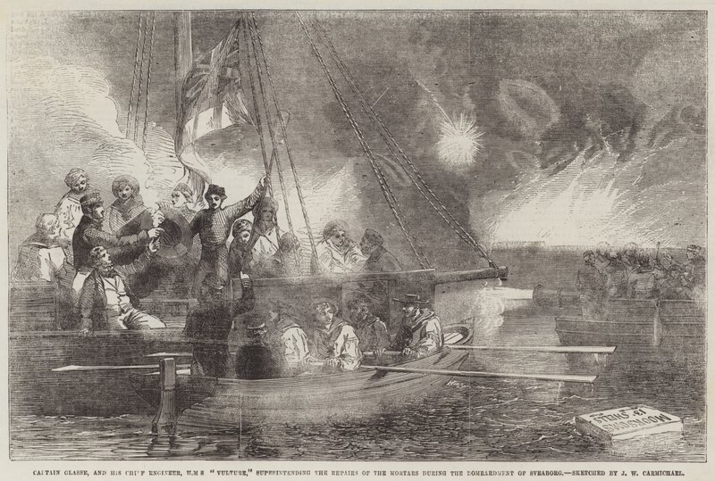 Kapitän Glasse und sein Chefingenieur, HMS Vulture, beaufsichtigen die Reparaturen der Mörser während der Bombardierung von Sveaborg von John Wilson Carmichael