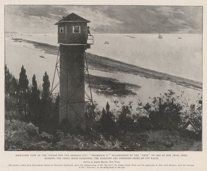 Vogelperspektive des Kurses für den America Cup, Shamrock II begleitet von der Erin bei einer ihrer Probefahrten, nahe dem Sandy Hook Leuchtschiff, dem Start- und Zielpunkt der Cup-Rennen von Joseph Becker