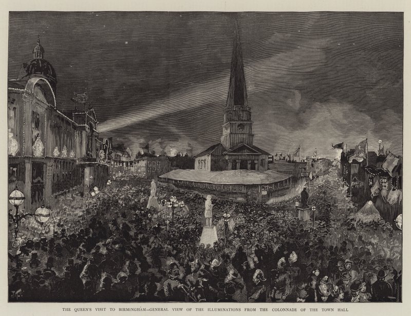Der Besuch der Königin in Birmingham, Gesamtansicht der Beleuchtung von der Kolonnade des Rathauses von Joseph Finnemore