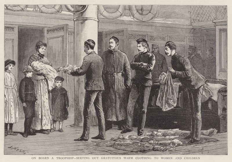 An Bord eines Truppenschiffs, Ausgabe von kostenloser warmer Kleidung an Frauen und Kinder von Joseph Nash