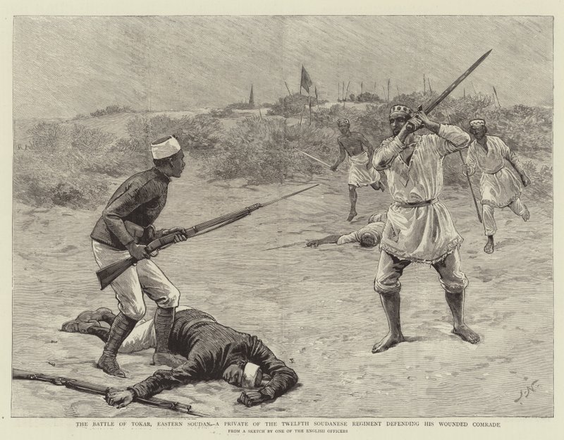 Die Schlacht von Tokar, Ost-Sudan, ein Soldat des zwölften sudanesischen Regiments verteidigt seinen verwundeten Kameraden von Joseph Nash
