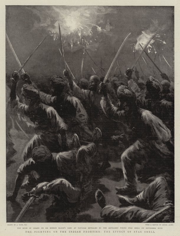 Die Kämpfe an der indischen Grenze, die Wirkung der Leuchtgranate von Joseph Nash