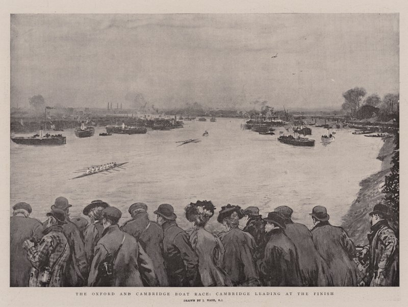 Das Oxford und Cambridge Bootsrennen, Cambridge führt am Ziel von Joseph Nash